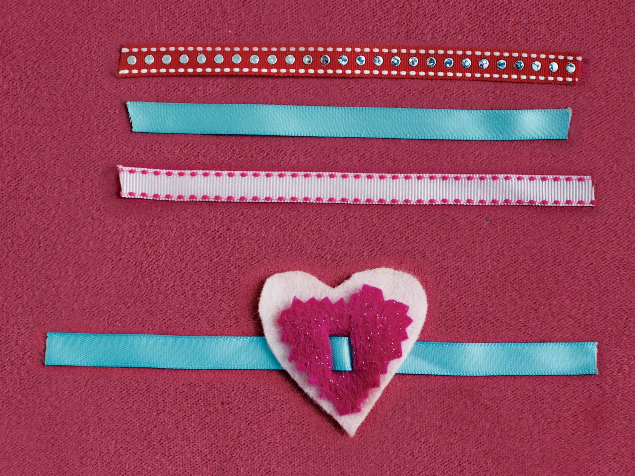 ribbon and felt hearts for DIY bracelet