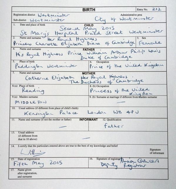 Princess Charlotte Birth Certificate