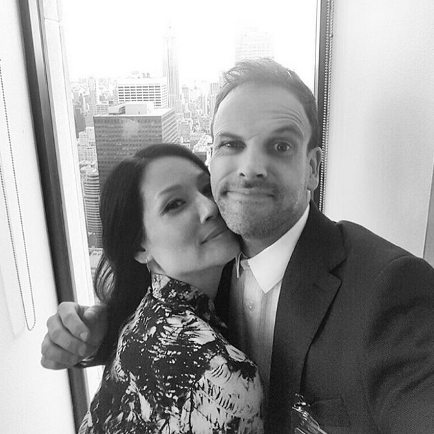 Lucy and costar Jonny Lee Miller on the set of Elementary. Photo: Lucy Liu via Instagram