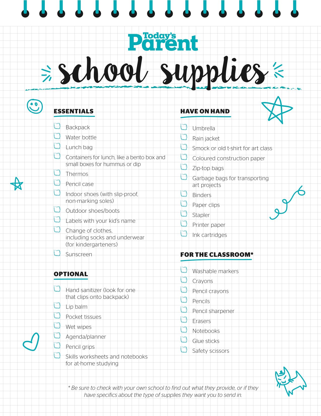 Printable school supplies checklist