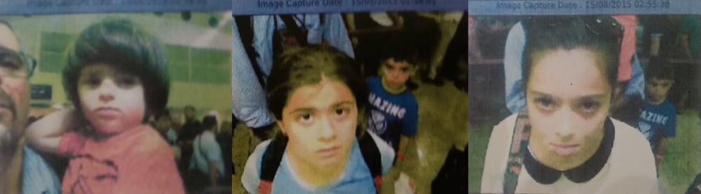 Surveillance images from Sulaymaniyah International Airport, left to right: Saren Azer with Meitan; Rojevahn with Darsim; Sharvahn. Photos courtesy of Alison Azer.
