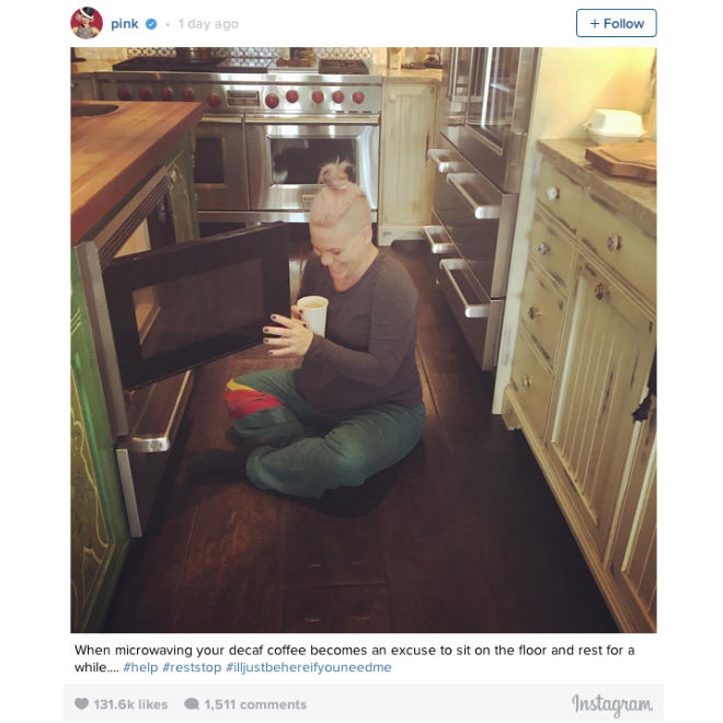 singer Pink microwaving coffee in instagram photo