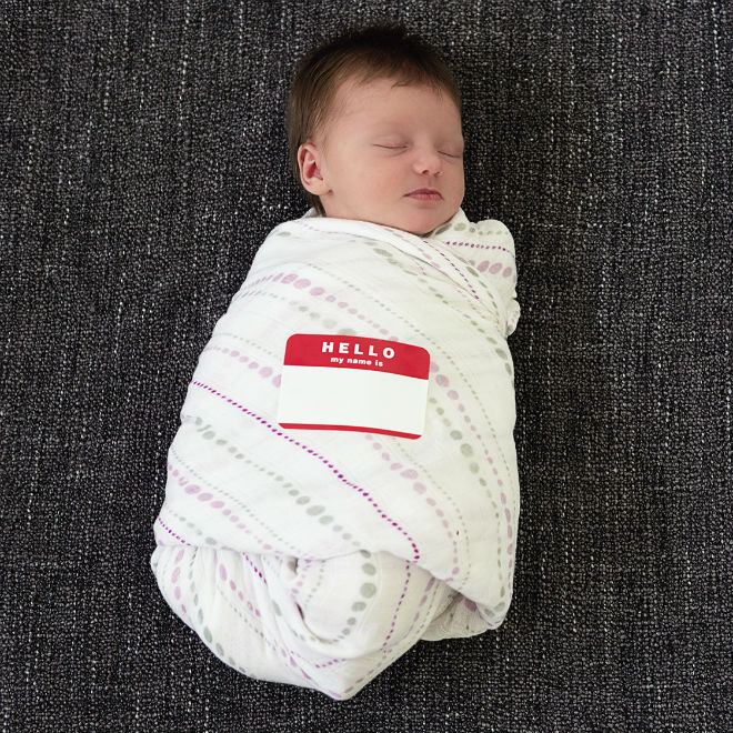 bundled baby with name label sticker