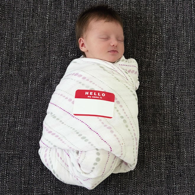 bundled baby with name label sticker