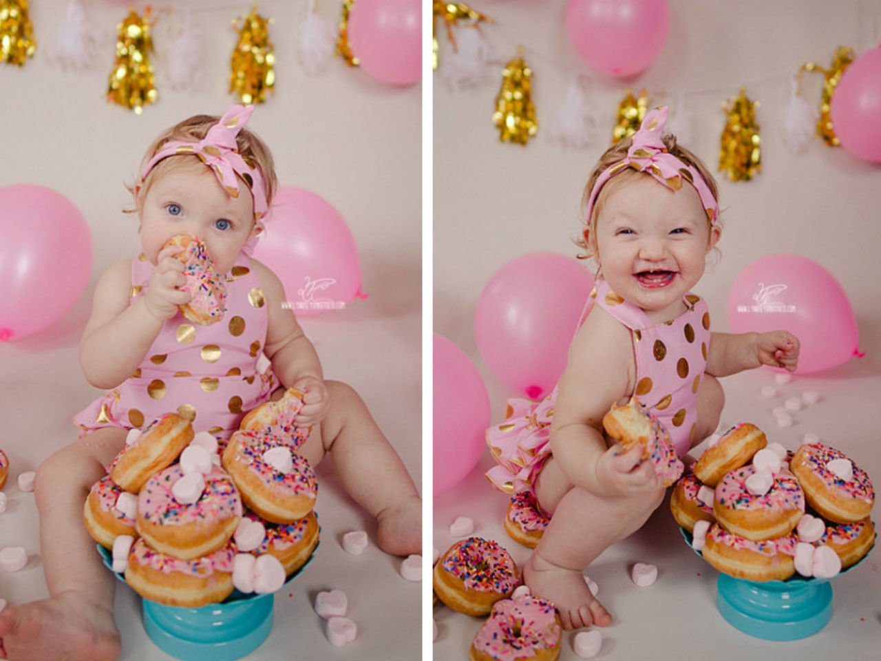 Baby enjoying a donut smash on her first birthday