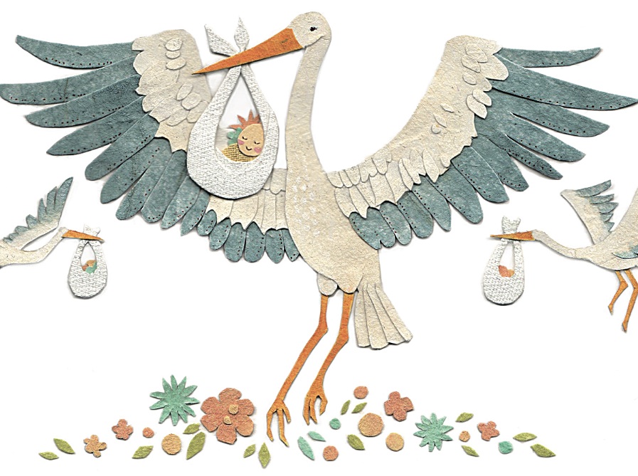 An illustration of storks delivering babies