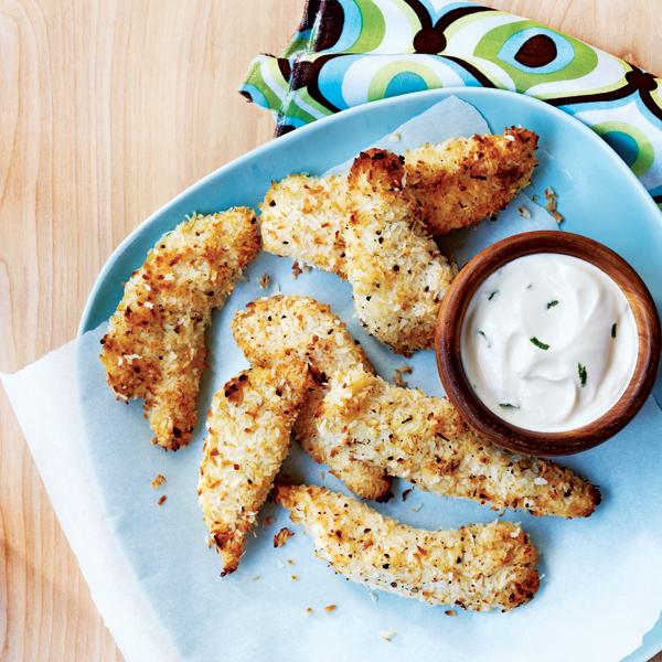 Coconut-crusted chicken fingers with lime sour cream dipping sauce