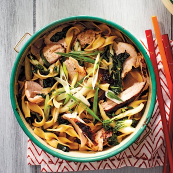 Roasted pork tenderloin with baby bok choy and noodles