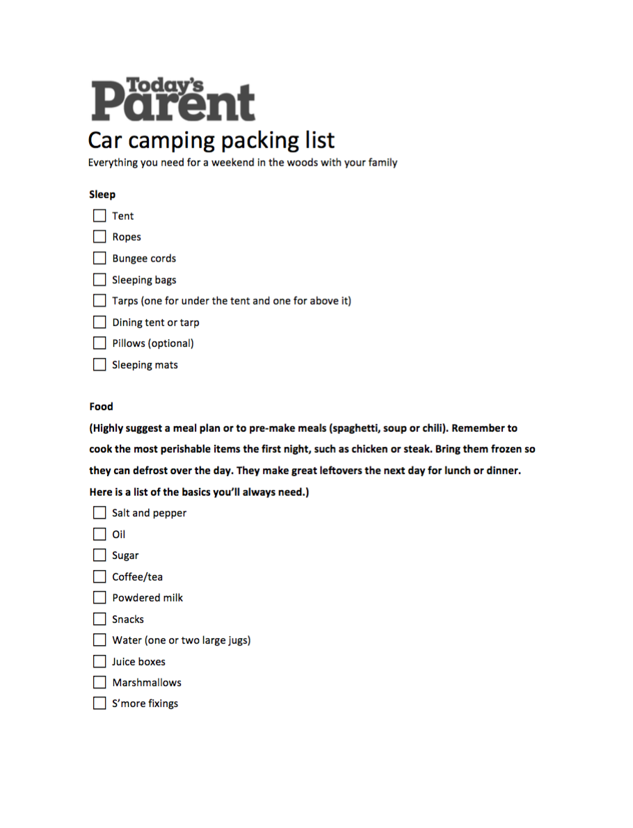 car camping checklist for families