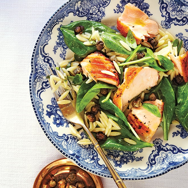 Warm Salad of Salmon, Baby Spinach, Orzo and Crispy Capers