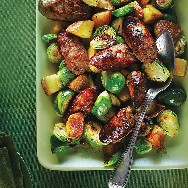 Cider-Sautéed Sausages with Potatoes and Brussels Sprouts