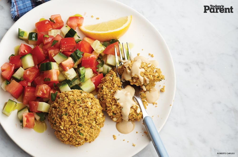 Baked Falafel Nuggets with Tomato Cucumber Salad