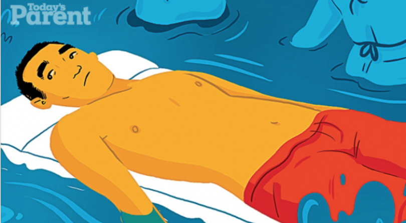 Cartoon of a dad laying on a water matress in a public pool during March Break