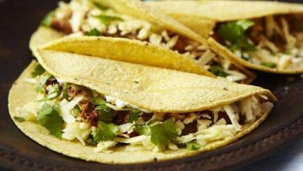 skilled with corn tortillas filled with shredded chicken, cheese and cilantro