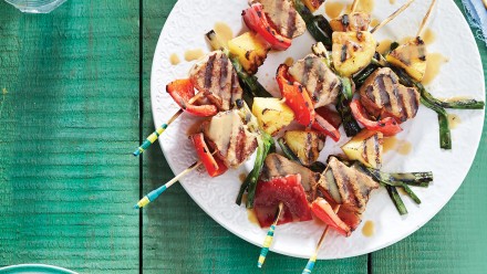 Meat and vegetables on kebabs