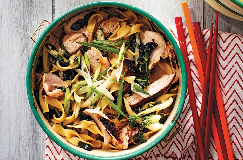 Roasted Pork Tenderloin with Baby Bok Choy and Noodles