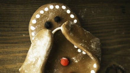 A gingerbread cookie looking sad