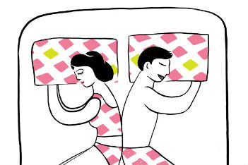 illustration of a couple sleeping on abed with their backs to each other