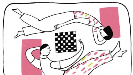 An illustration of a couple in bed playing checkers