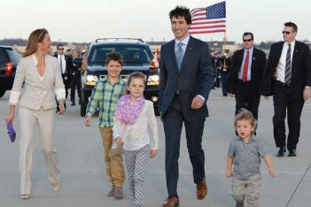 Prime Minister Justin Trudeau walks with his family