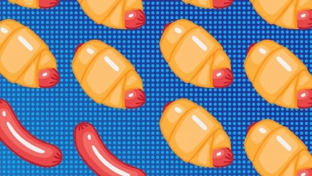 Illustration of hotdogs on half of the page and of pigs in blankets on the other half