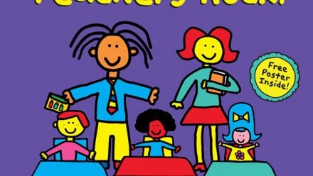 book cover of teachers rock. two illustrated teachers behind three students at desks