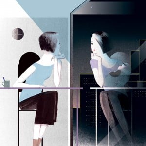 illustration of working mom sitting at her desk staring out the window. her reflection shows her at home with a baby