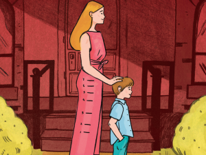 Illustration of mother and son outside a house