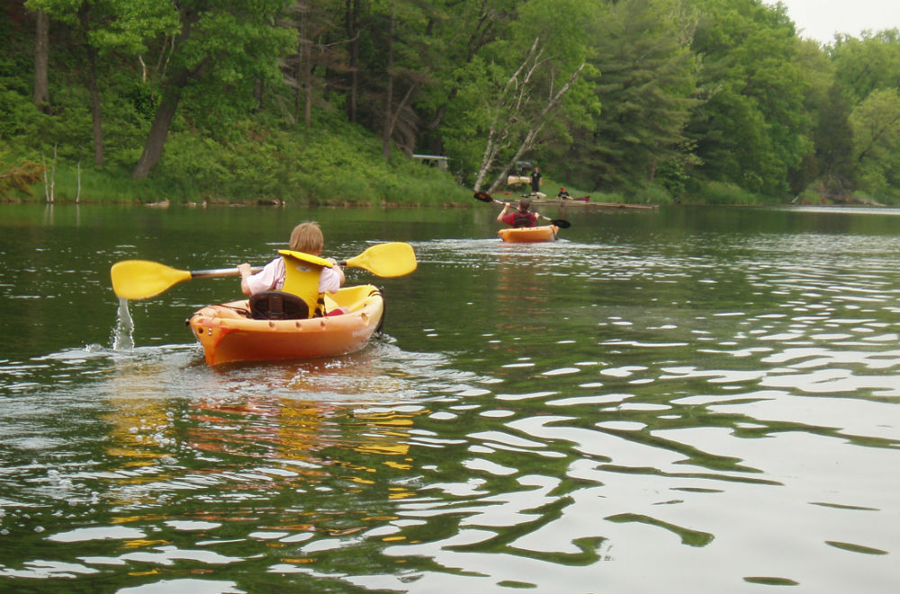 kids kayaking on a river
