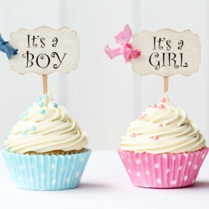 Two cupcakes, one saying It's a Boy, the other saying It's a Girl