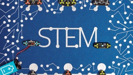 Chalk drawing of the word STEM made to look like circuits