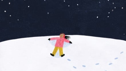 Illustration of young child laying in the snow gazing up at the stars