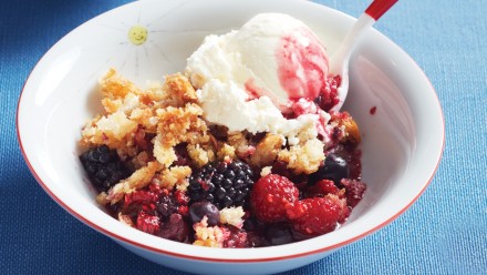 bowl of apple and berry crisp with dollop of vanilla ice cream on top