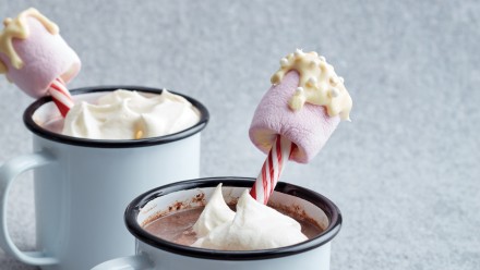 Mug of hot chocolate with marshmallows and candy canes