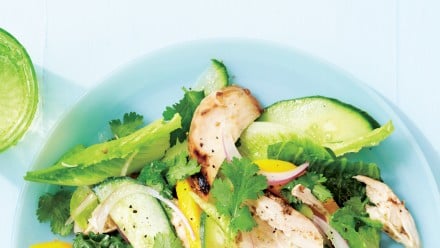 plate of salad with romaine hearts, shredded chicken, cucumber, red onion and mango