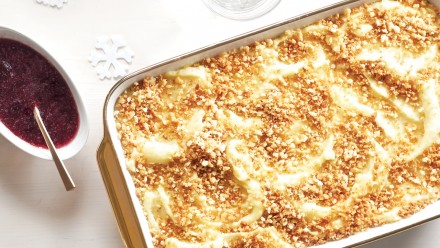 casserole full of mashed potatoes with bread crumbs
