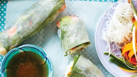 tray of homemade Vietnamese rolls with fish sauce