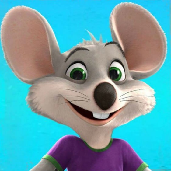 Chuck E Cheese mouse with a purple t-shirt