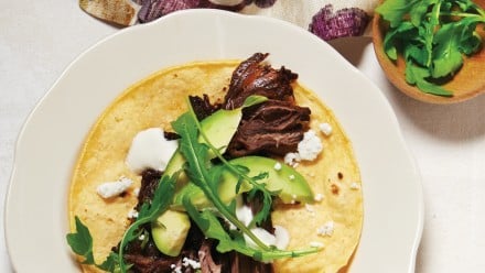 corn tortilla with braised beef, avocado and lettuce