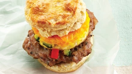 breakfast sandwich with sausage patty, egg and cheese