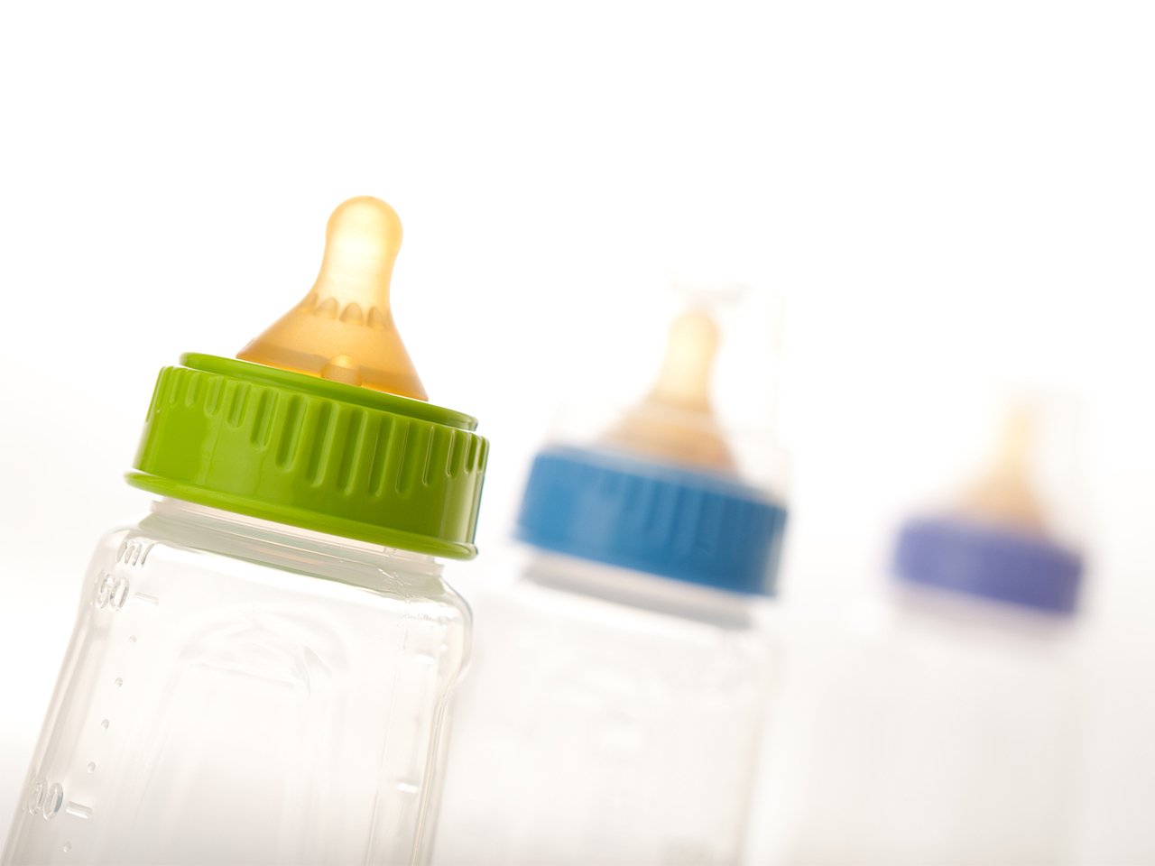 Baby bottles on a white background