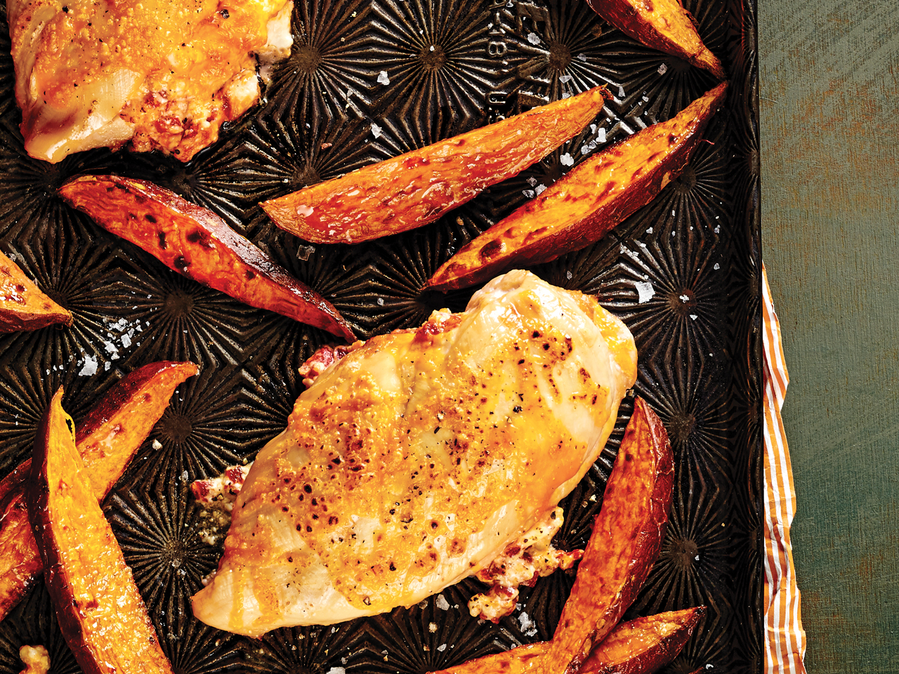 Cheesy Chicken with Sweet Potato Wedges