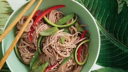 plate of soba noodle salad with peppers