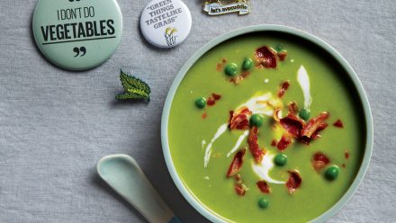 bowl of pea soup with bacon