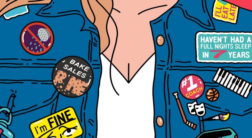 Illustration of a woman wearing a shirt covered in button and pins