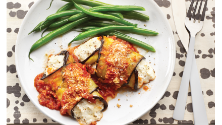 plate of eggplant parm with green beans