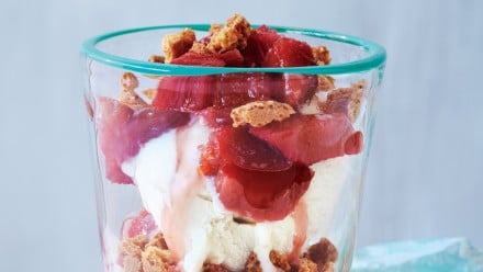 cup with ice cream and rhubarb parfait