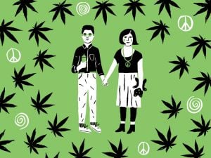 Illustration of parents surrounded by marijuana leaves