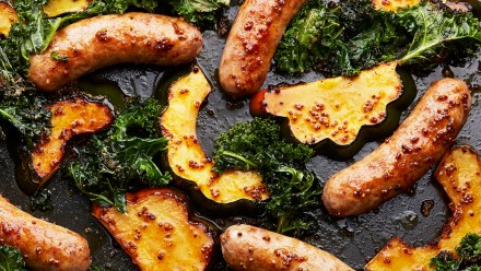 Squash, sausage and kale on a pan