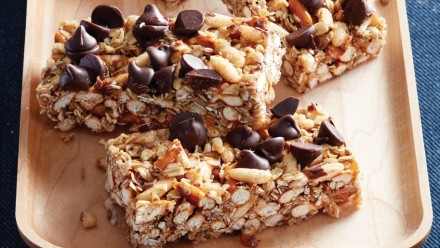 tray of homemade granola bars with chocolate chips